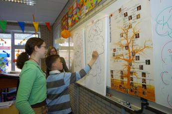 Studenten Digna van Beveren (r.) en Geritha Bruinooge leggen een leerling van de Dr. A. Comrieschool in Kruiningen uit waar hij een vlaggetje moet prikken.